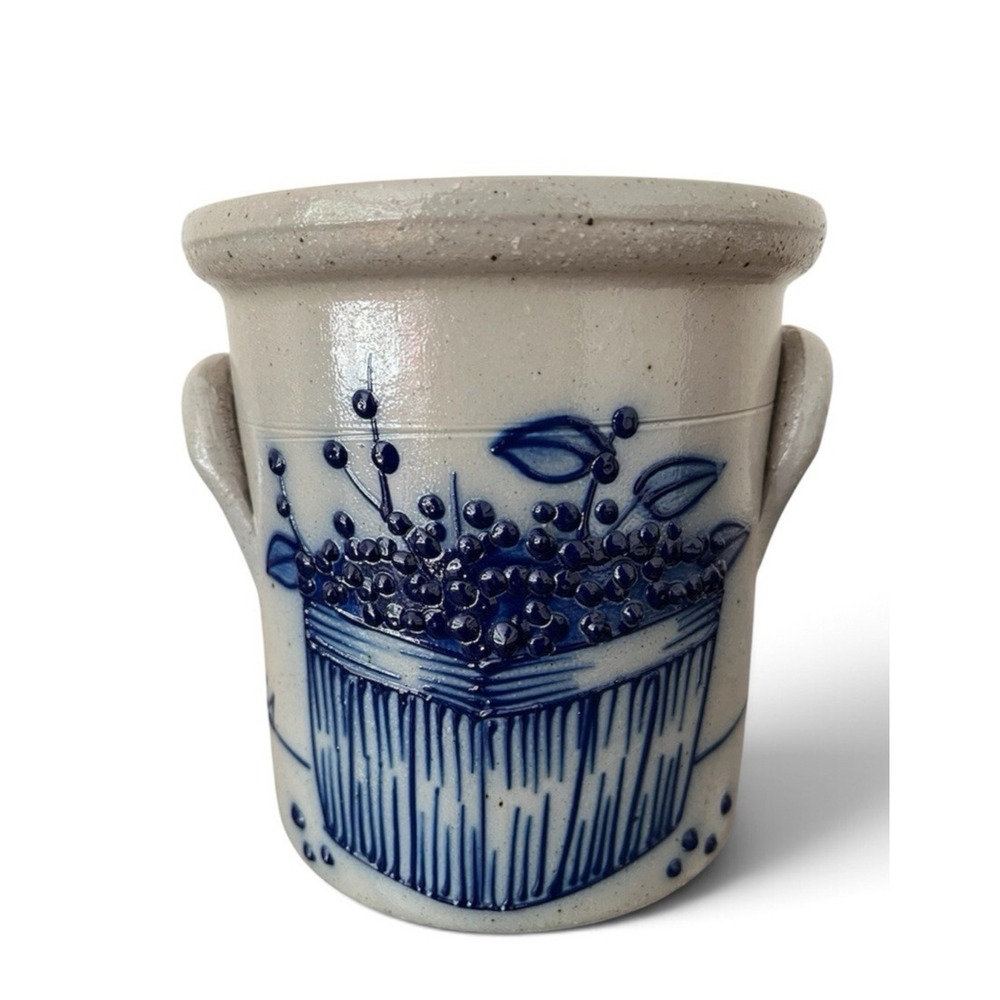 Salmon Falls Pottery Crock Blueberry Basket Ear Handled Salt Glaze 5.25" | 1990